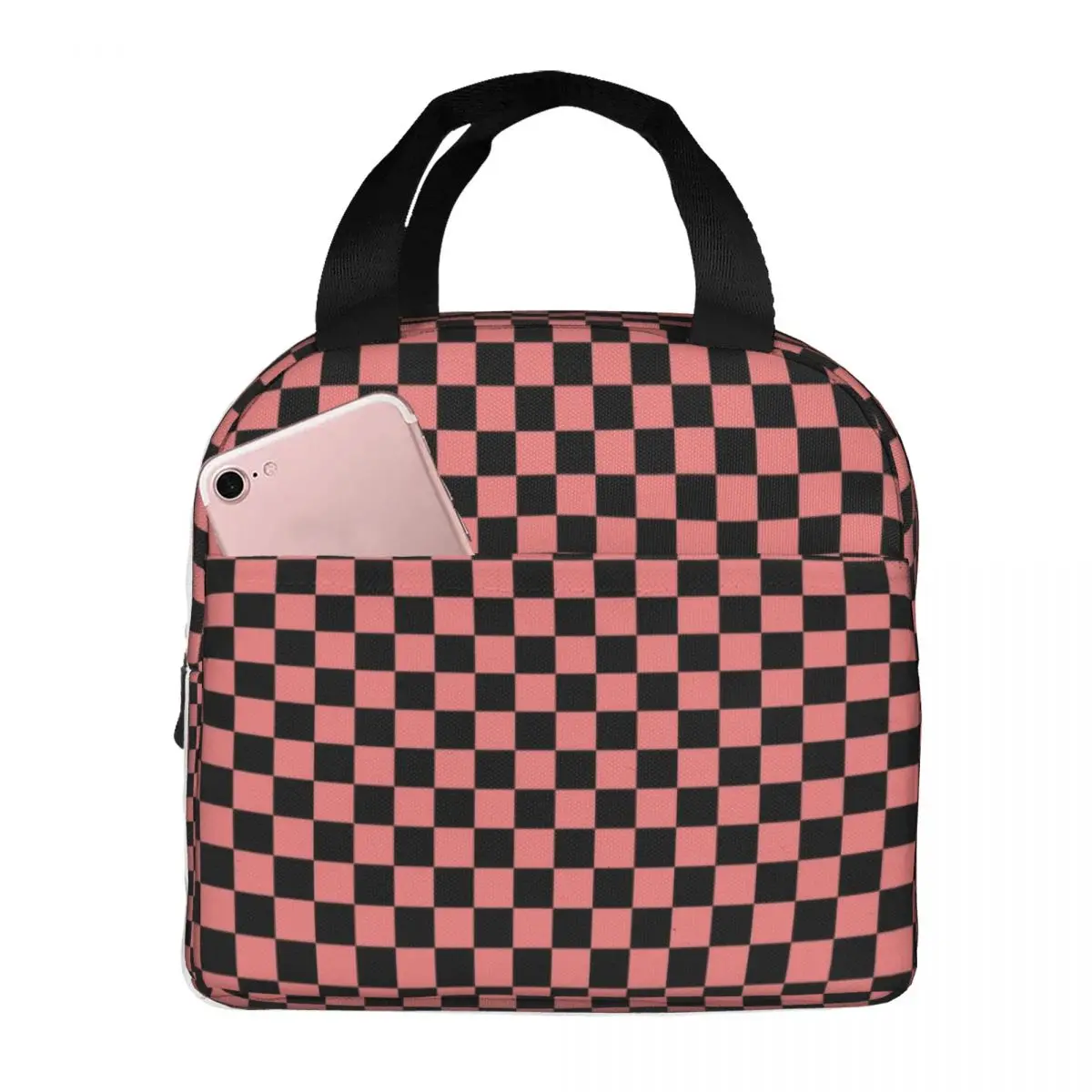 Black And Coral Pink Checkerboard Plaid Insulated Lunch Bags for Women Resuable Thermal Cooler Food Lunch Box Camping Travel
