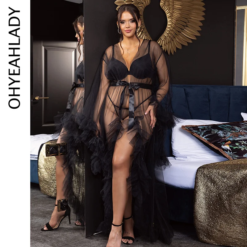 

Ohyeahlady Nightgown Women Black Transparent Long Ruffled Trumpet Sleeves Robe With Belt G-Strings Mesh Sexy Sleepwear Plus size