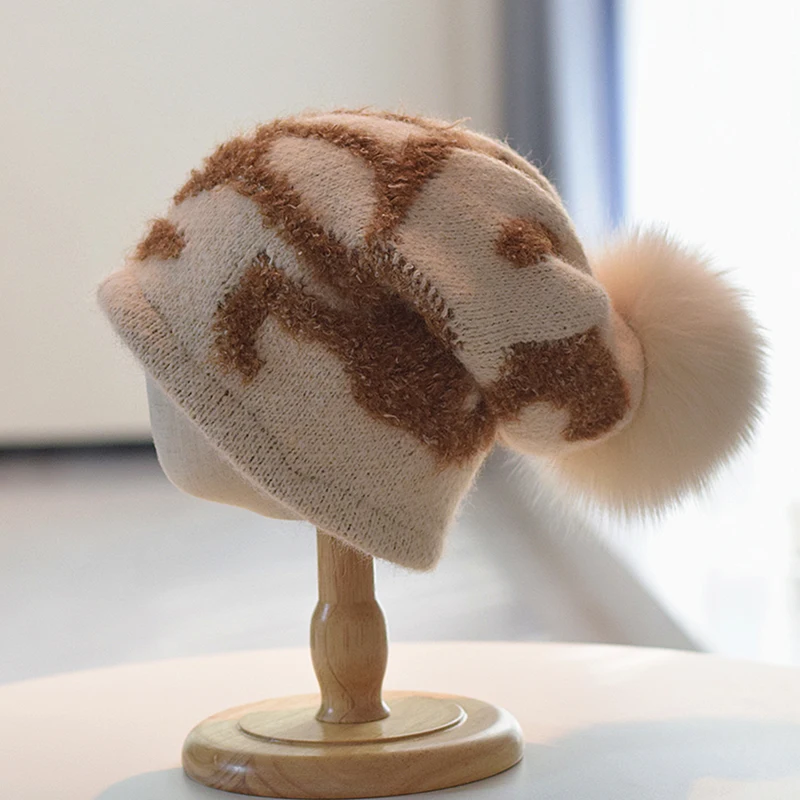 

Hat Slouchy Women Winter Wool Knit Beanie Pompom Of Real Fox Fur Autumn Warm Skiing Accessory For Sports Outdoors