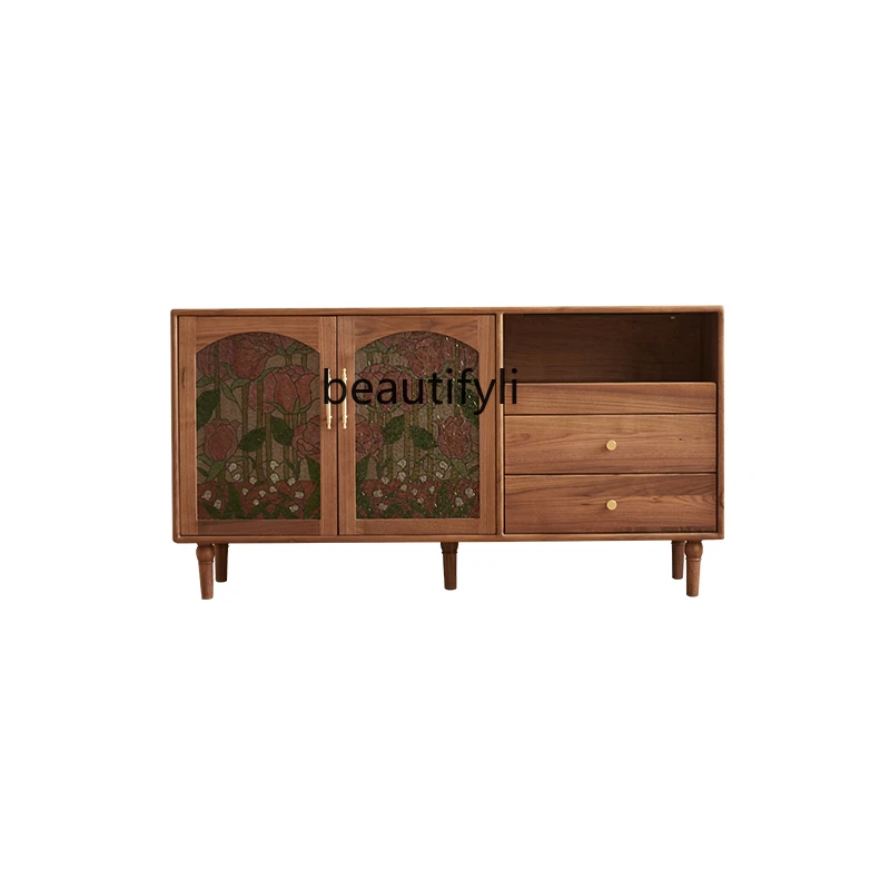 

Sideboard Cabinet Integrated Wall Living Room Cabinet Black Walnut Solid Wood Retro Multi-Functional Locker