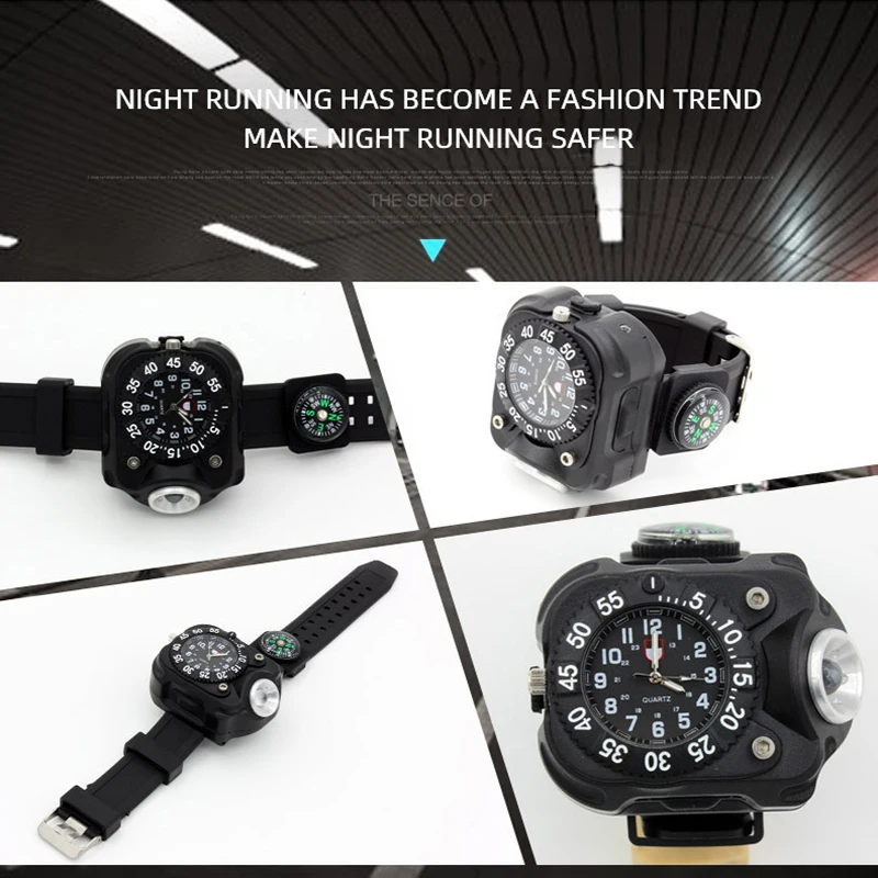 Outdoor Rechargeable LED Wrist Light Hand-worn Glare Flashlight Watch Function Silicone Lighting Night Running Defense