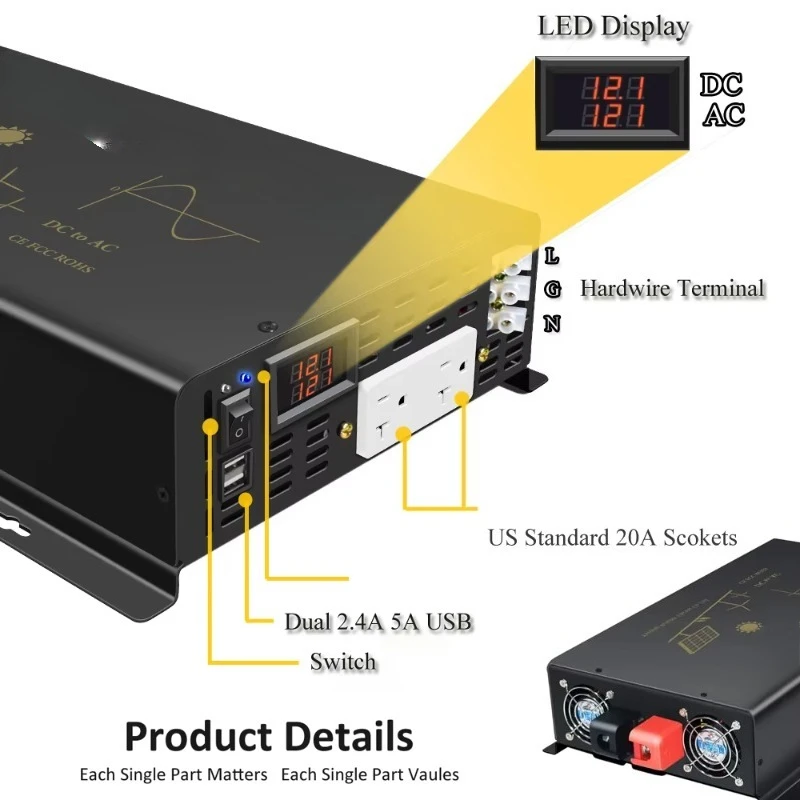 24V DC to 110V/120V AC 1500/3000W Power Pure Sine Wave Inverter with Surge for Automotive and Household