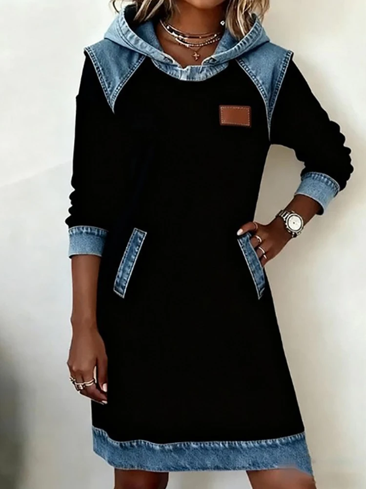 Elegante patchwork vakantiejurk met lange mouwen, dames herfst winter v-hals chique feestjurk, 2025, losse eenvoudige casual damesjurk