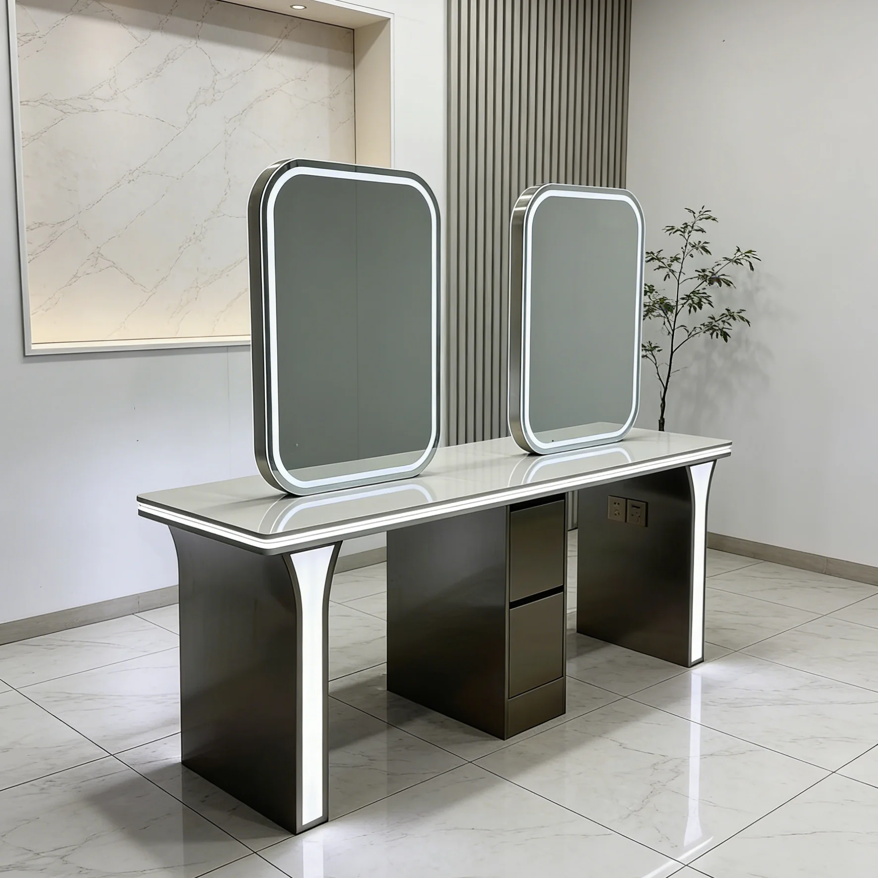 XFMC Stainless Steel Salon Mirror High Quality Dressing Table With Mirror And Drawers Four-seater Barber Mirror With LED Light