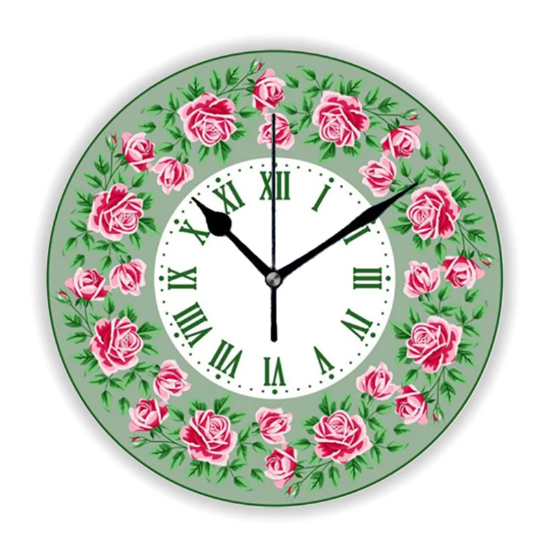 

French Country Chic Green Red Rose Floral Wreath Wall Clock Living Room Kitchen Bedroom Summer Flower Wall Watch Home Decor Gift