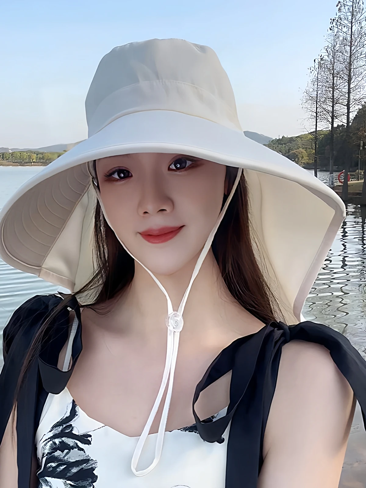 Fashionable Wide Brim Sun Hat Women's Outdoor Cycling Neck Protection Hat Spring Summer Breathable Adjustable round Top Hat