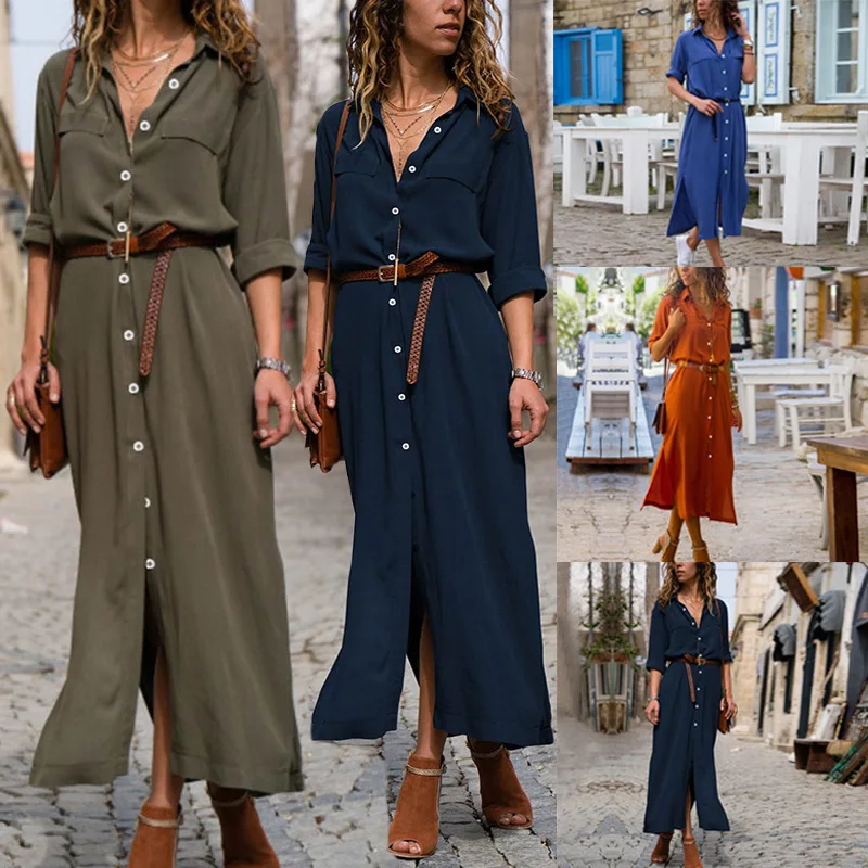 Jocoo Jolee Autumn Winter Button Side Split Long Dress Women Solid Casual Loose Dress Ladies Long Sleeve Midi Dresses Vestidos