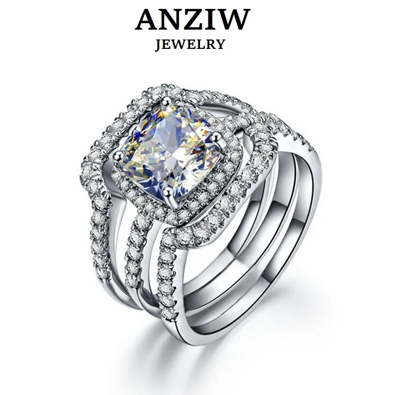 Anziw-レディーススターリングシルバーリング,リング,925スターリングシルバー,ラインストーン,婚約指輪,高級ウェディングセット