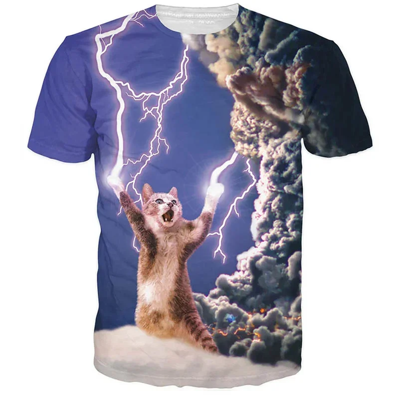 Fun cat T-shirt men's loose round neck short sleeved T-shirt animal 3D printing fashionable casual street wear Harajuku T-shirt