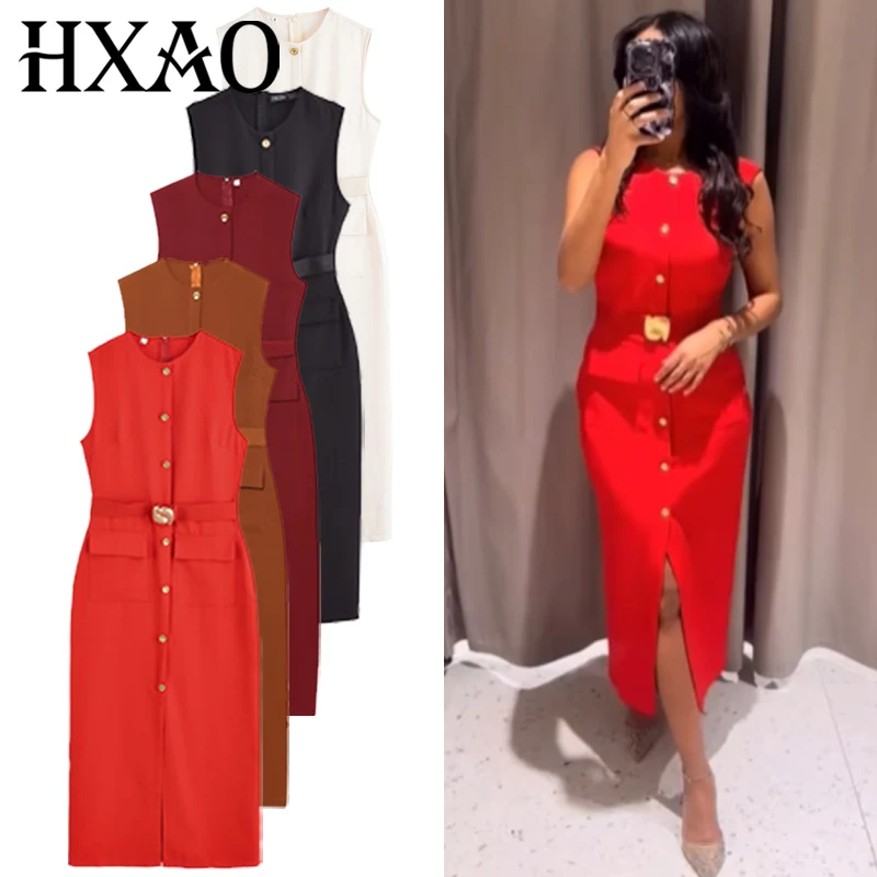 HXAO Womens Black Dresses Belt Long Dresses Summer 2025 Casual Women's Dresses Midi Sleeveless Vestidos Button Up Slim Dresses