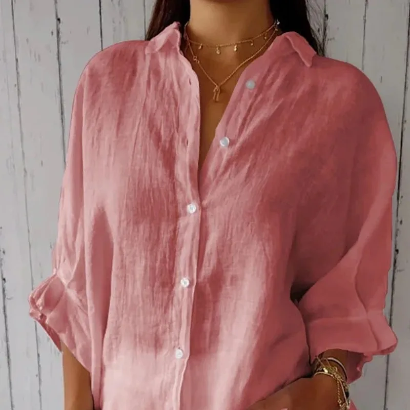 2024 Spring Women's New Turndown Collar Spliced Button Fashion Solid Color Cotton Linen Back Lacing Casual Long Sleeved Shirt