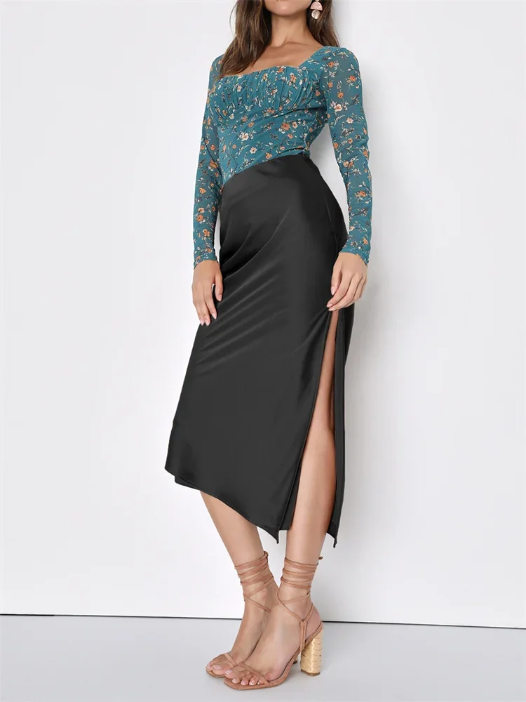 

Satin Fashion High Waist Skirt For Women Slim Side Split Elegant Patchwork Casual Streetwear Female Summer Clothes Skirt