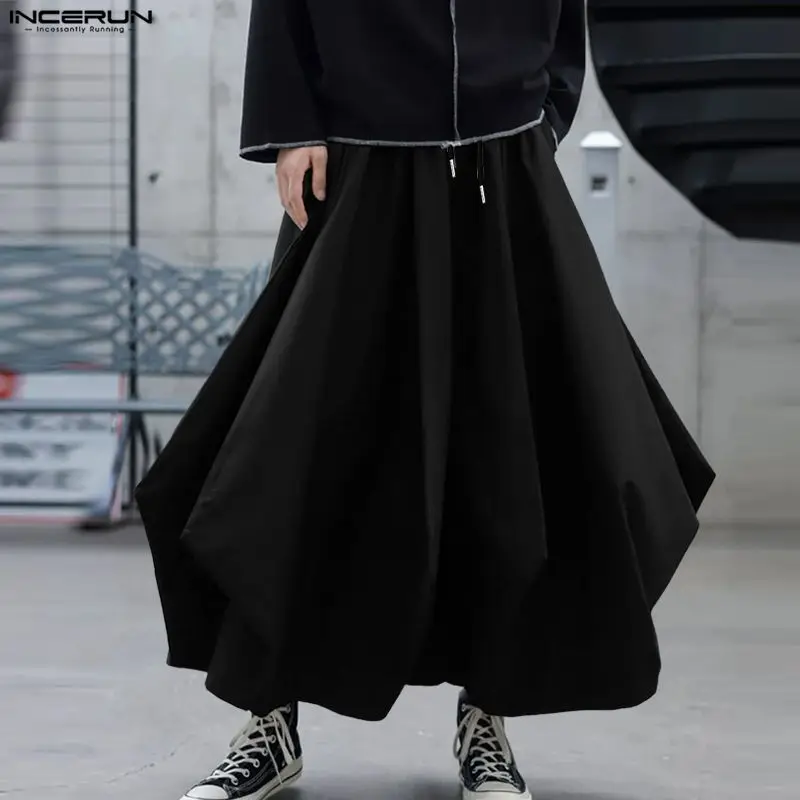 

INCERUN Men Wide Leg Pants Solid Color Loose Joggers Drawstring Casual Men Irregular Trousers Streetwear 2026 Fashion Male Pants