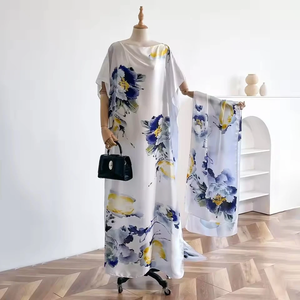 

Summer New Fashion African Dresses For Women Elegant Printed Silk Muslim Lady Long Hijab Kaftan Dress Oversize Kuwait Abaya