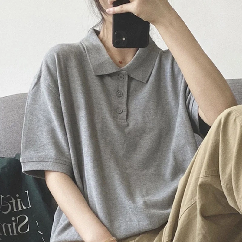 Cotton Summer Solid Short Sleeve Women Polo T Shirt Fashion All-match Casual Oversized 2xl Couple Top Work Loose Vintage Clothes