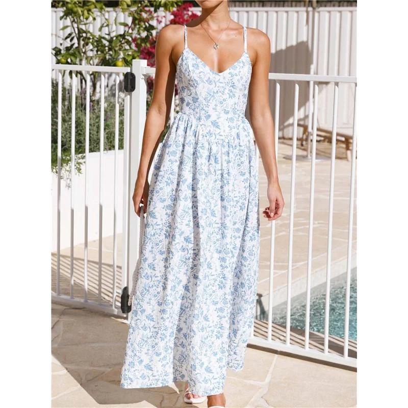 NUOVO-Abito lungo estivo da donna 2025 Abito lungo da spiaggia Boho smock floreale senza maniche