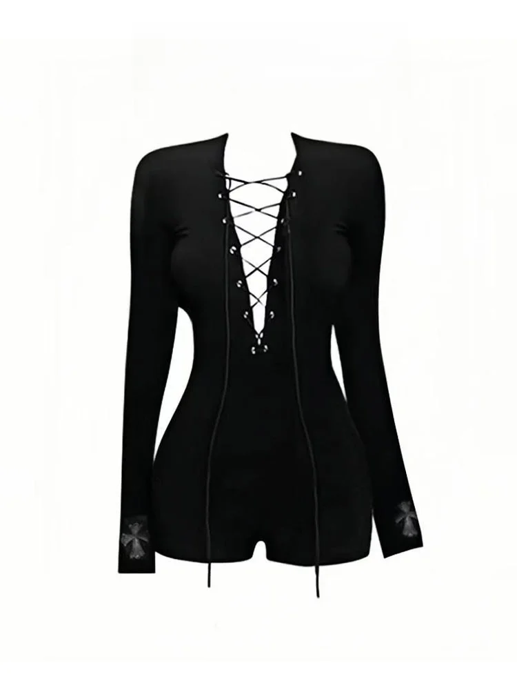 

Сексуальный черный комбинезон с вырезами и длинными рукавами для женщин, весенний сезон, с завышенной талией, с поясом, в американском стиле, для повседневной носки, ретро-стиль