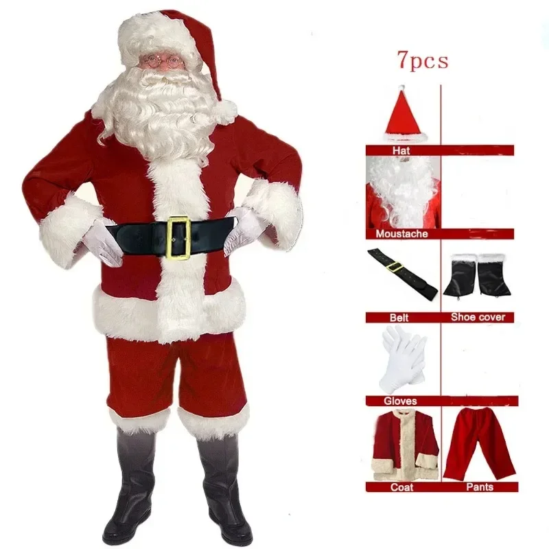 

Santa Claus Costume Christmas Complete Dress-Up Outfit For Adult Santa Suit With Hat Men Cosplay Costumes 7PCS New