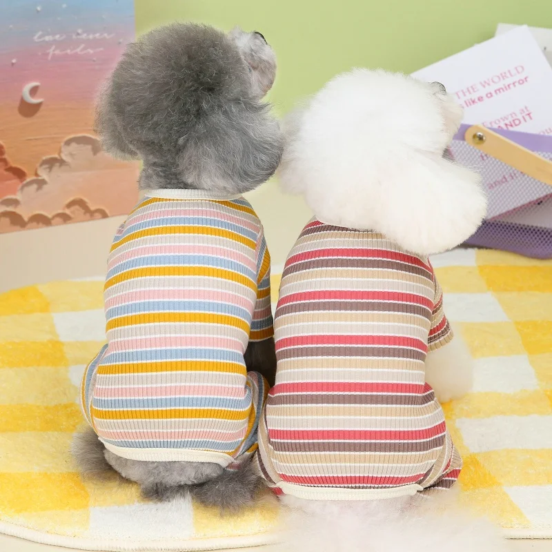 Soft Cotton Dog Jumpsuit Fashion Striped Dog Pajamas Cute Puppy Clothes Warm Cat Jumpsuits Pet Overalls Dog Four-Legged Clothes