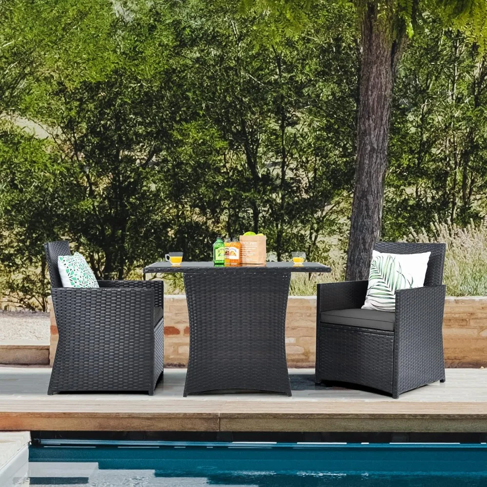 3 Pieces Patio Furniture Sets with Cushions and Tempered Glass Tabletop, Patio Furniture Sets