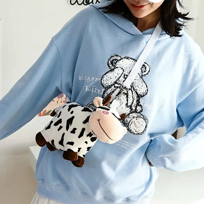 Urocza pluszowa torba na ramię w kształcie krowy, studencka kawaii torba crossbody z kreskówkowym motywem, uniwersalny pluszowy plecak na co dzień, prezent dla przyjaciela.