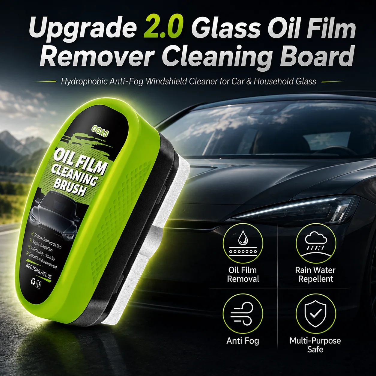 Upgrade 2.0 Glass Oil Film Cleaning Board Hydrophobic Anti-Fog Windshield Cleaner Sponge Car Window Bathroom Mirror Yacht Glass