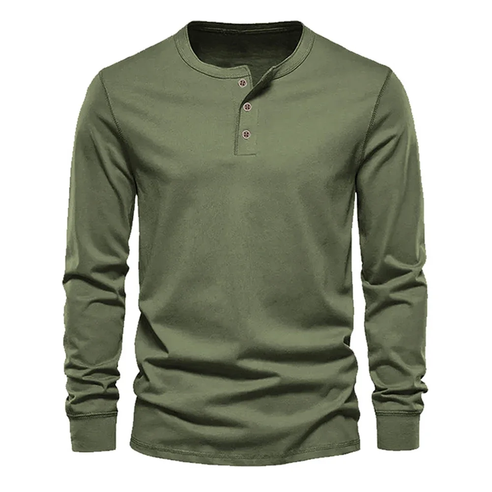 Men\'s Solid Long Sleeve Henley Collar T Shirt Casual And Soft Pullover In Light Green For Outdoor Activities