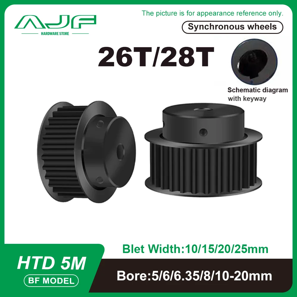 

HTD 5M Black Steel Timing Pulley 26T 28Teeth BF Type 5M Synchronous Wheel for Belt Width 10/15/20/25mm HTD Timing Belt Pulley