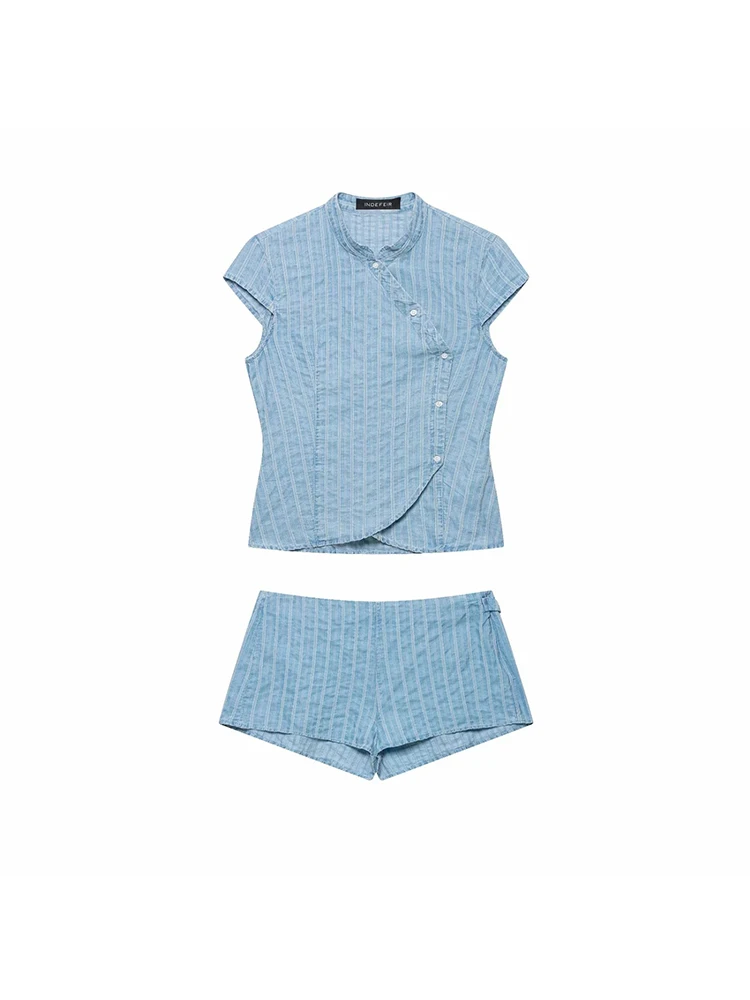 Ensemble élégant pour femmes, chemisier rayé et mini-short, ensemble rétro ajusté, tenue d'été 2 pièces pour femmes