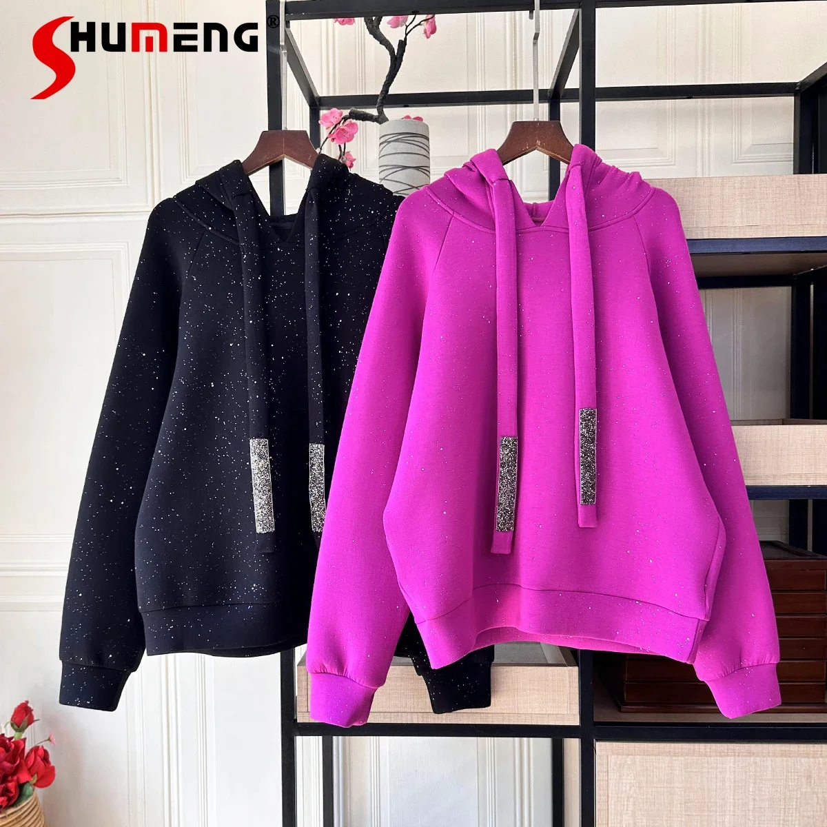 Hooded Rhinestone Streamer Long Sleeve Memory Cotton Sweatshirt Women's All-Match Beautiful Rhinestone Casual Loose Sudadera Top