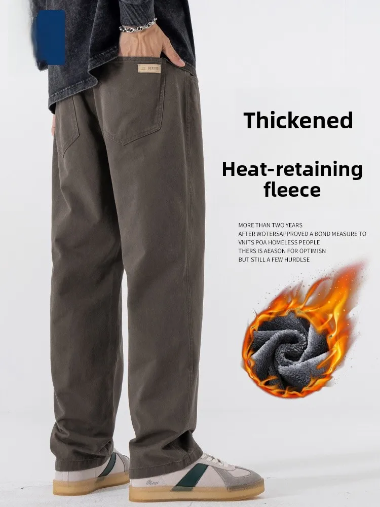 

Men's Casual Cotton Fce Lined Straight Leg Pants Thi Warm Winter Workwear Trousers Loose Fit Comfortable Autumn Winter S...