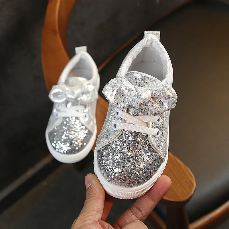 2020 Spring Autumn Girls Shoes Baby Sneakers Children Casual Shoes Fashion Bow-knot Glitter Leather Non-slip Flat Princess Shoes