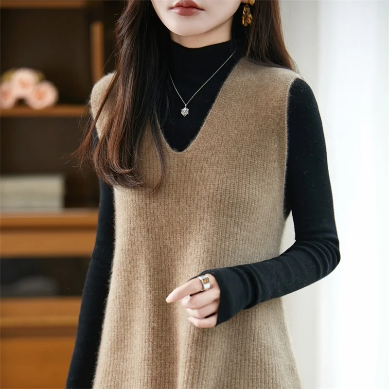 Outono inverno feminino 100% lã merino pulôver colete camisola com decote em v malhas cashmere macio solto estilo sem mangas roupas topo