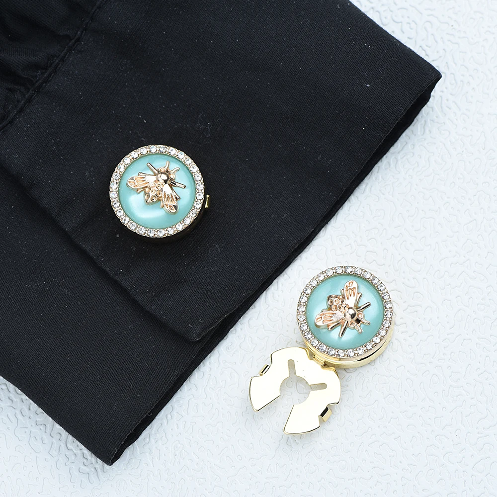 ICEYY 2PCS Cute Bee Button Covers Set Rhinestone Round Cufflinks Button Pins Shirt Decorative