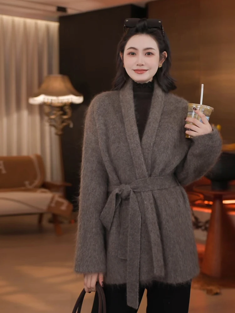 

High Quali Ultra Fine Camere Knitted Open Cardigan Women's Winter Warm Lightweight Ele Maren Hair Needle