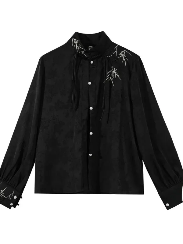 

Новая китайская рубашка большого размера (до 300 размеров) с длинным рукавом для мужчин и женщин, весна-осень, с вышивкой бамбуком, воротником-стойкой, из хлопка