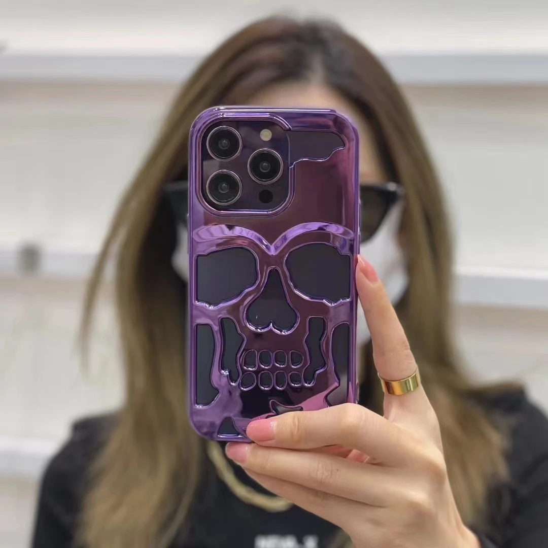 Hollow 3D Skull Callous Phone Case for iPhone 15 14 ProMax 15 Plus 13 12 11 Pro Max ins Luxury Plating silicone Shockproof Cover