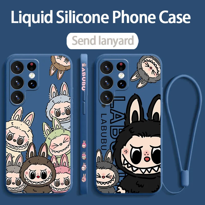 New Kawaii Cute Labubu Phone Case For Samsung S10 S20 S21 S22 S23 S24 Plus Lite Ultra FE Liquid Left Rope Funda Soft Silicone