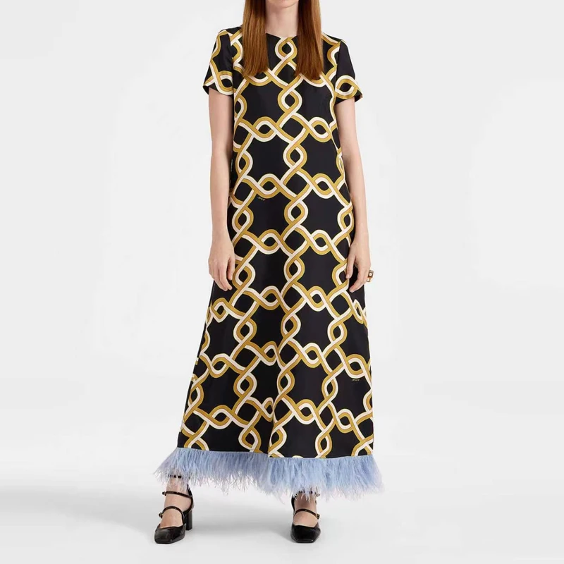 

Women Art Floral Print Crew Neck Short Sleeve Maxi Dress Feather Hem Loose Long Dress Elegant Holiday Beach Casual Summer Dress