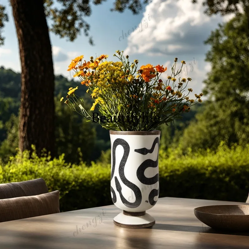 Light luxury, retro texture snake pattern high foot ceramic vase living room desktop art flower ware