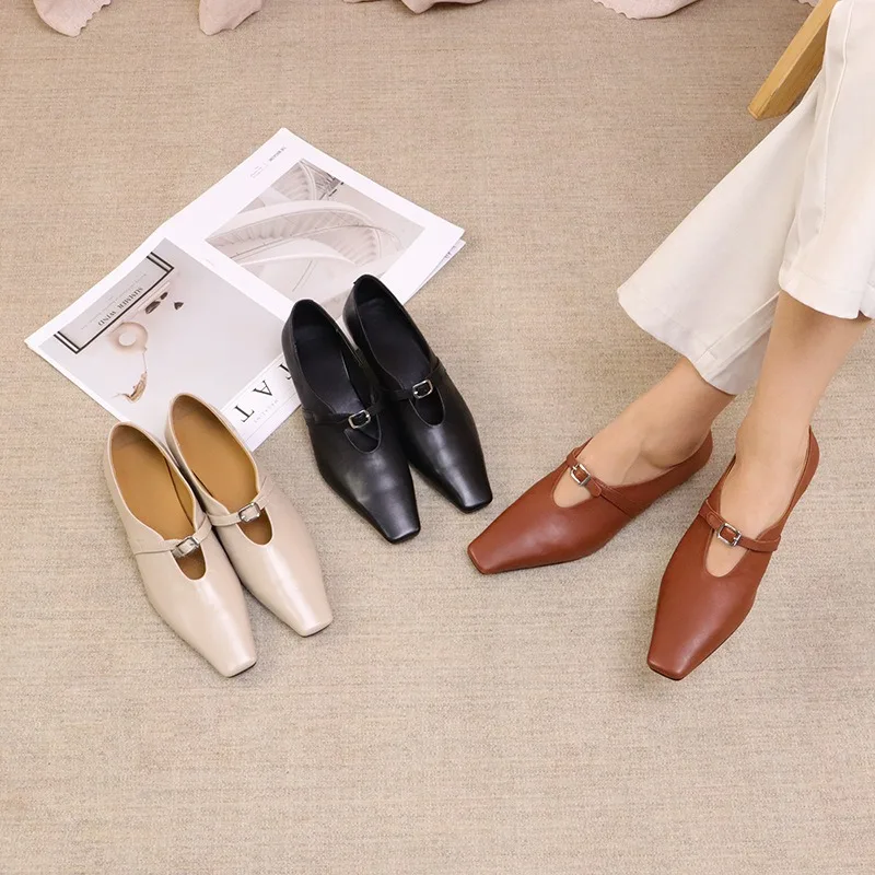 

Birkuir Женская обувь с острым носком и пряжкой, лоферы, рабочая обувь на толстом каблуке, удобная обувь из натуральной кожи ручной работы на низком остром каблуке