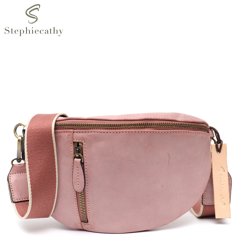 SC Vintage Cowhide Girl Waist Fanny Pack Crossbody Belt Bag for Women Wax Leather Chest Sling Wde Strap Handy Bags Purse Pouch