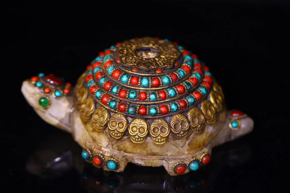 

6"Tibet Temple Collection Old Natural Crystal Tibetan silver Mosaic Gem Turquoise Four armed Guanyin Buddha Skull Turtle Statue