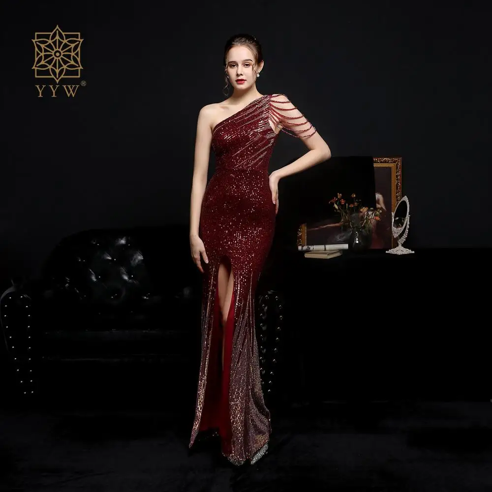 2023 Glitter Women Evening Dress One Shoulder White Sequined Mermaid Sexy Dress Slip Beading Small Dinner Elegant Banquet Gowns