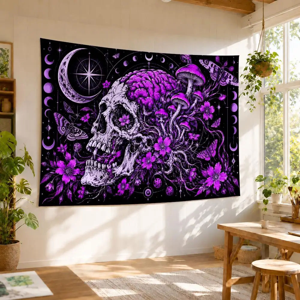 Gothic Dark Skull Brain Tapestry Durable Soft Microfiber Horizontal Wall Hanging Decor For Bedroom Patio Garden Parties