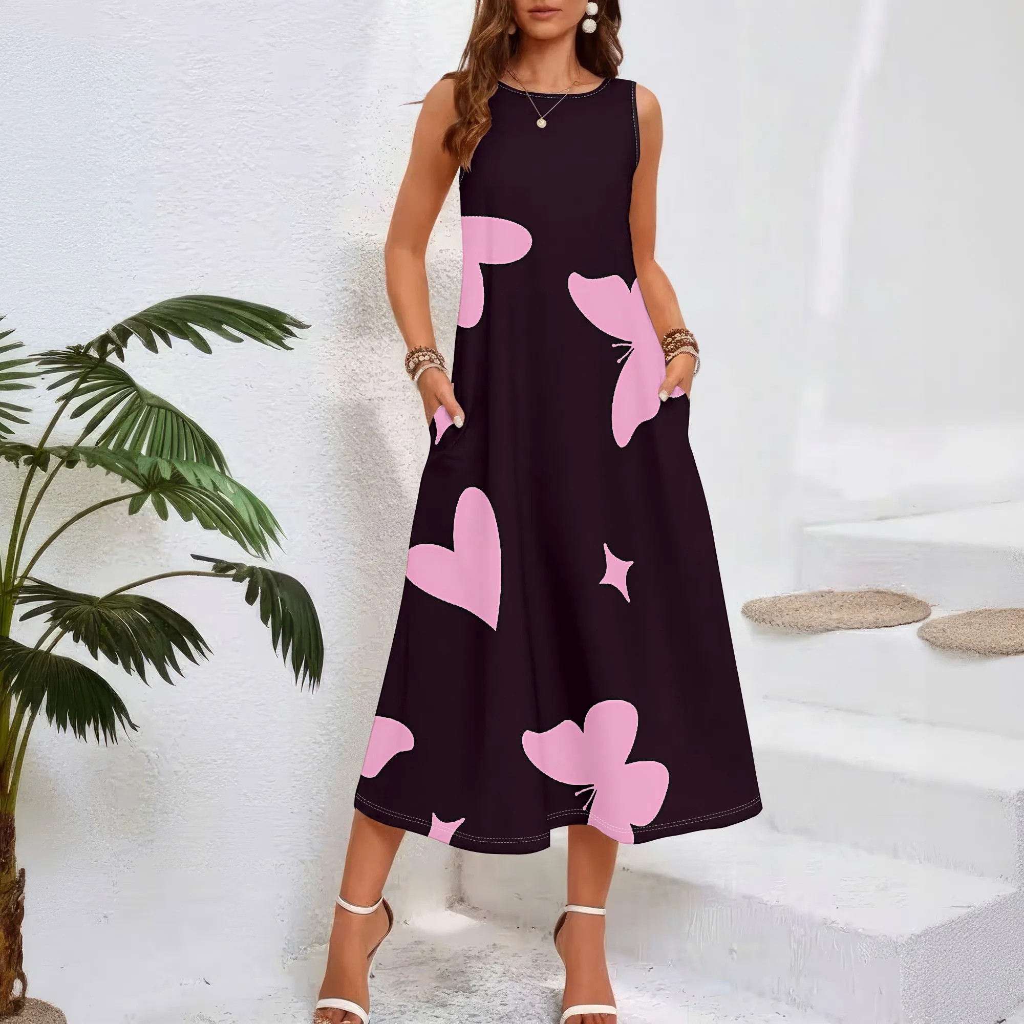

Women casual loose round neck summer 3D geometric print black style sleeveless large swing dress (pocket)