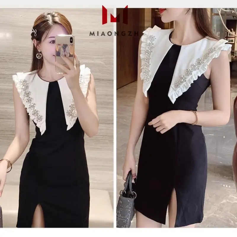 

Fashion Summer New Dresses Women's Peter Pan Collar Sleeveless Slimming Diamonds Patchwork Ruffle Mini Short Luxury Party Dress