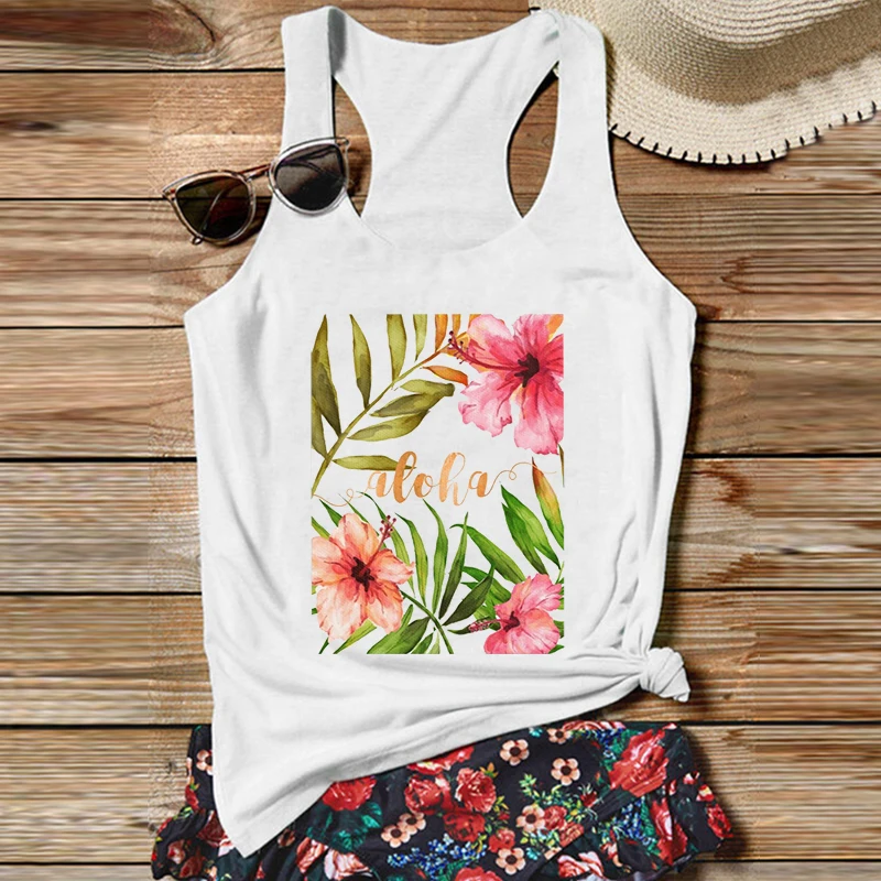 

Aloha Tank Top Bohemian Women Funny Top Aesthetic White Top Summer Sexy Clothes Print Womens Tops Pink m