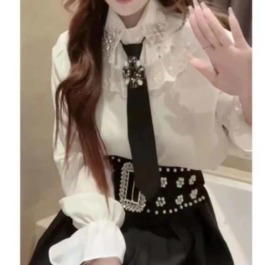 Luxury Style Diamonds Stitch Collar With Pears Beaded Tie White Shirt for Women 2024 Autumn Blouses Tops Korean Popular Clothes