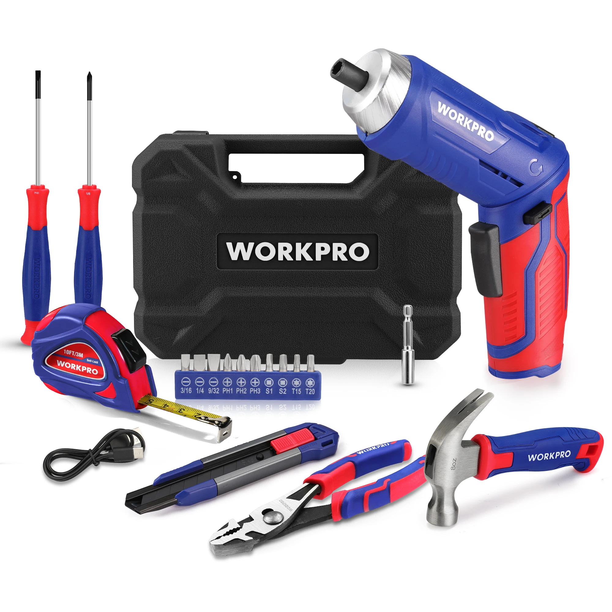 WORKPRO 3.7V Electric Screwdriver with 18pc Home Tool Kit ， Rechargeable Electric Screwdriver Kit, Portable Tool Set for Garage